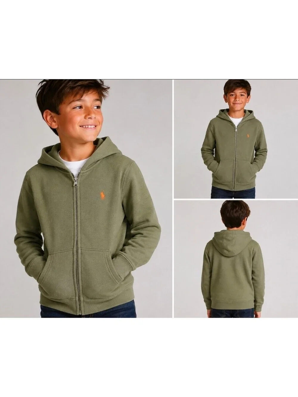 Polo Ralph Lauren Boys M 10-12 Olive Green Full Zip Hoodie Pony Logo Fleece